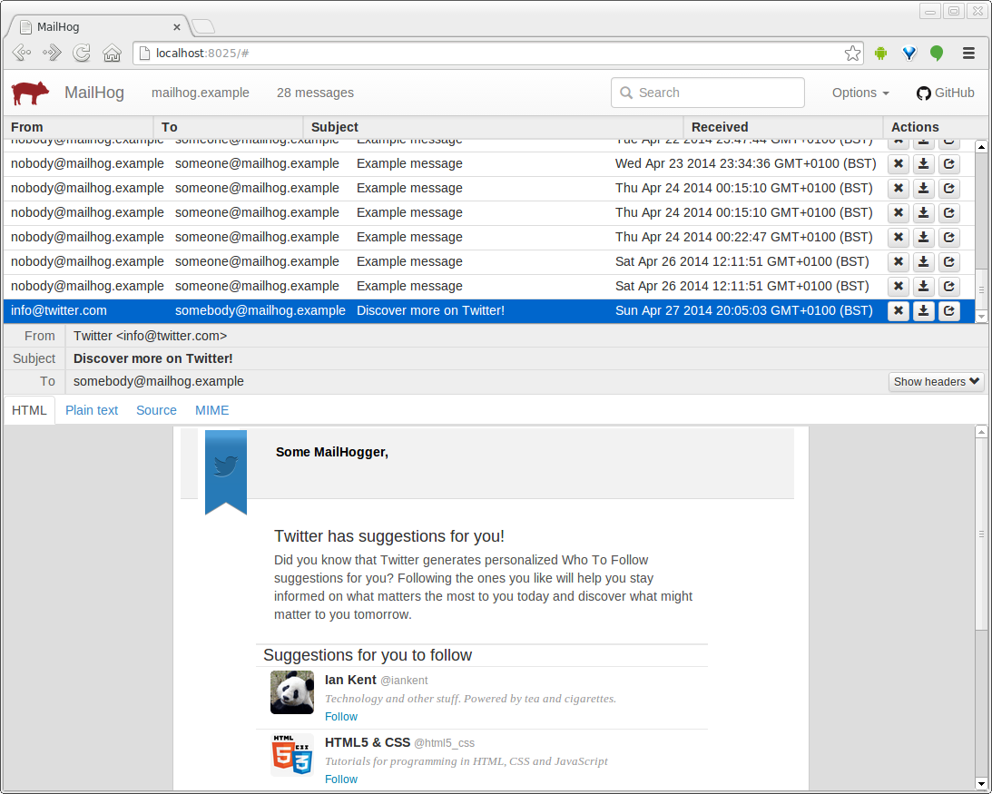 Screenshot of MailHog web interface