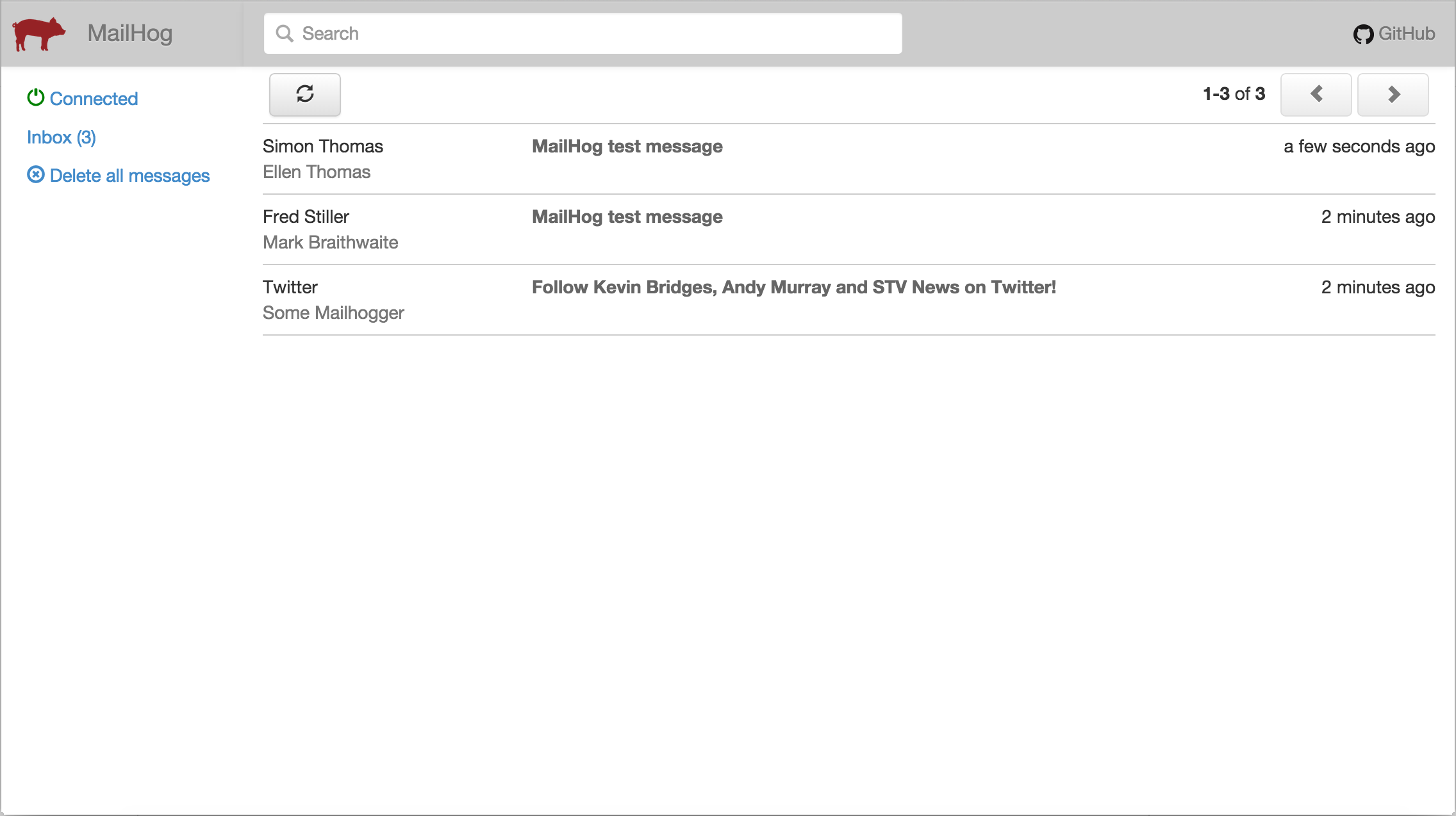 Screenshot of MailHog web interface