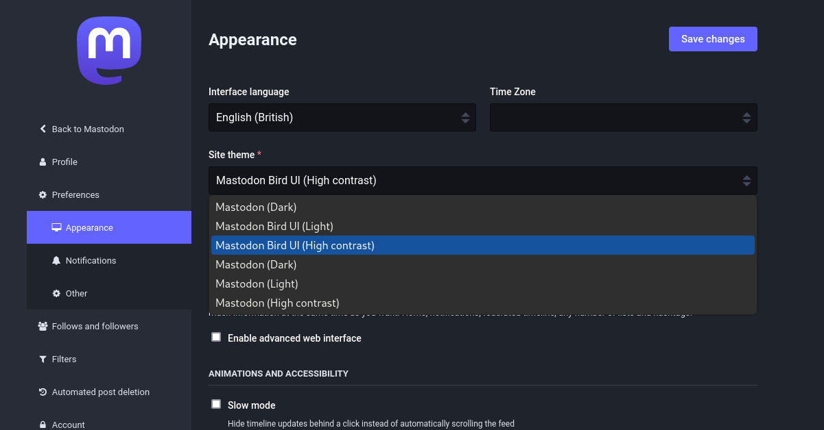 Screenshot of the preferences/appearances screen