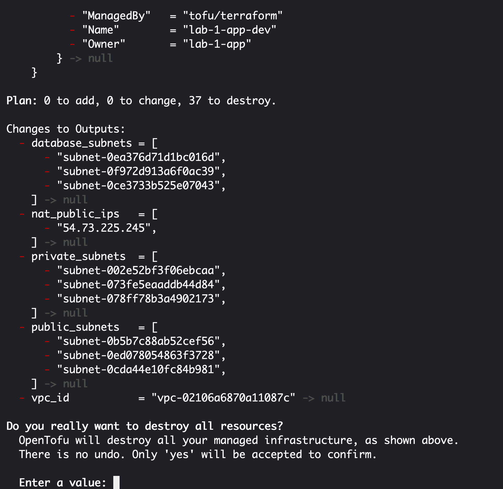 tofu destroy prompt to continue